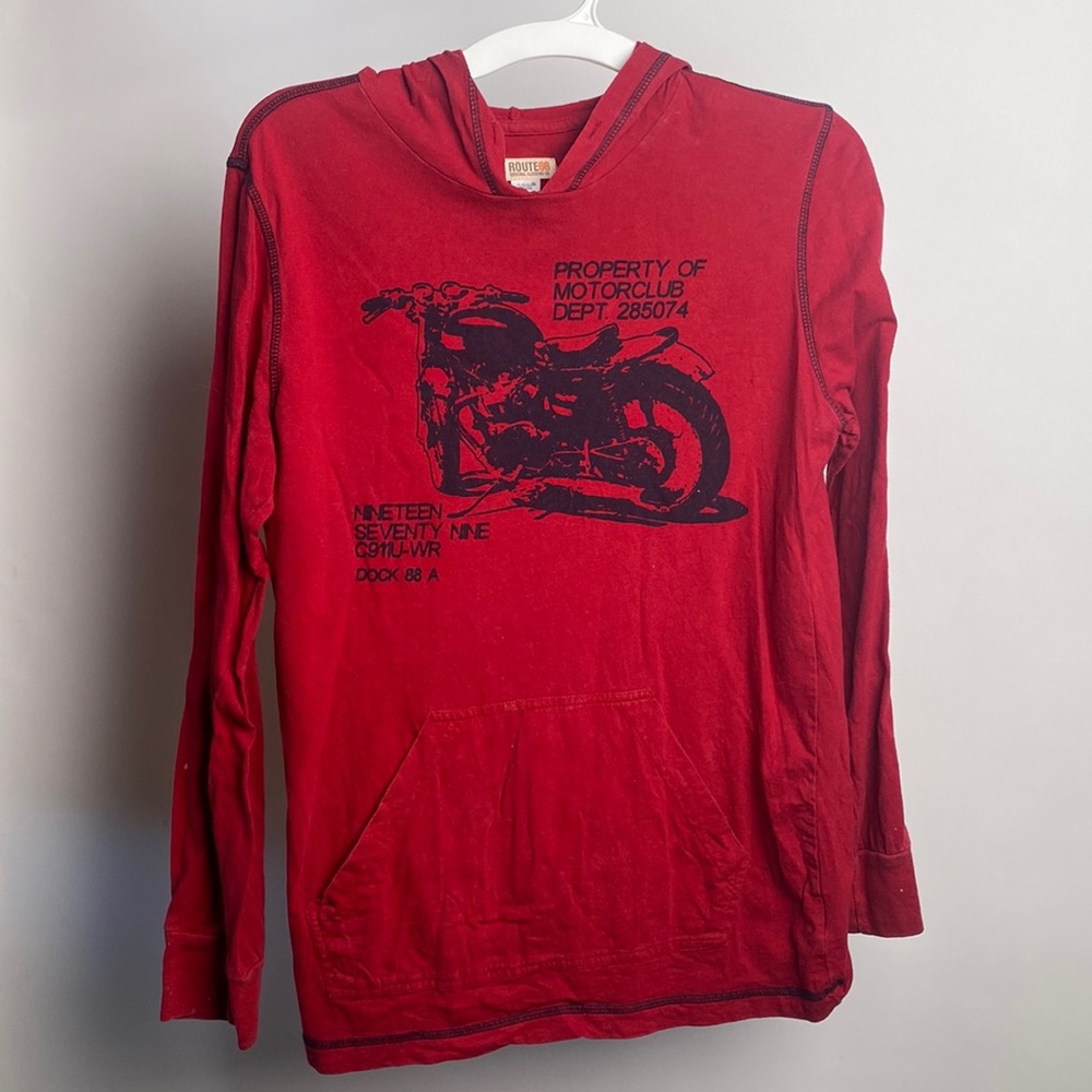 Red pullover hoodie with motorcycle club graphic.